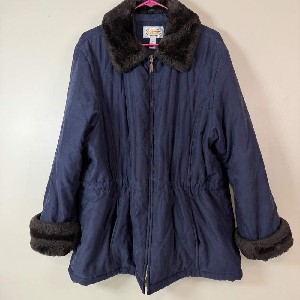 Talbots Quilted Jacket Women XL Faux Fur Trim Zip Front Drawstring Waist Coat